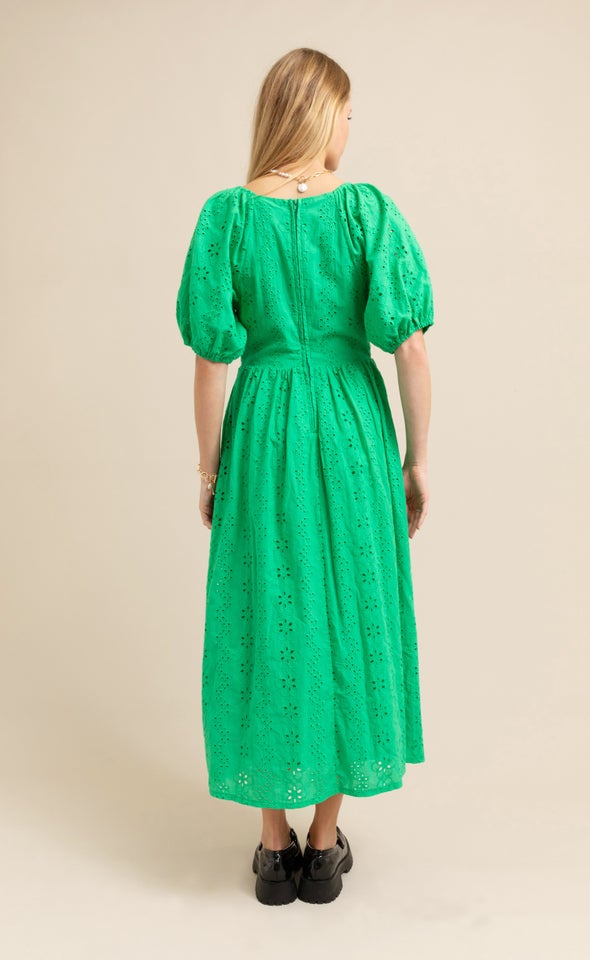 Broderie Panelled Midi Dress Green