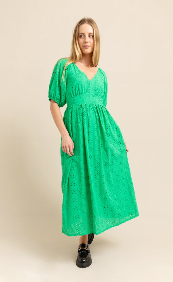 Broderie Panelled Midi Dress Green