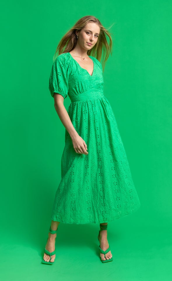 Broderie Panelled Midi Dress Green