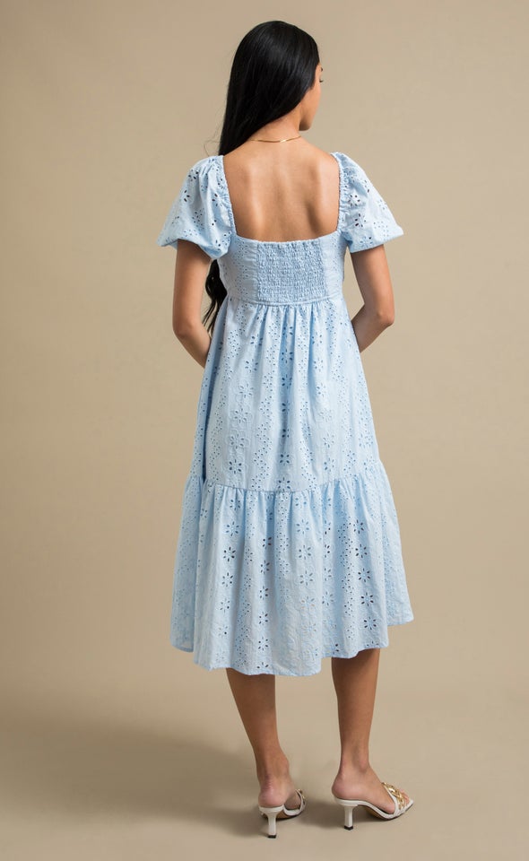 Broderie Puff Sleeve Midi Dress Ice Blue