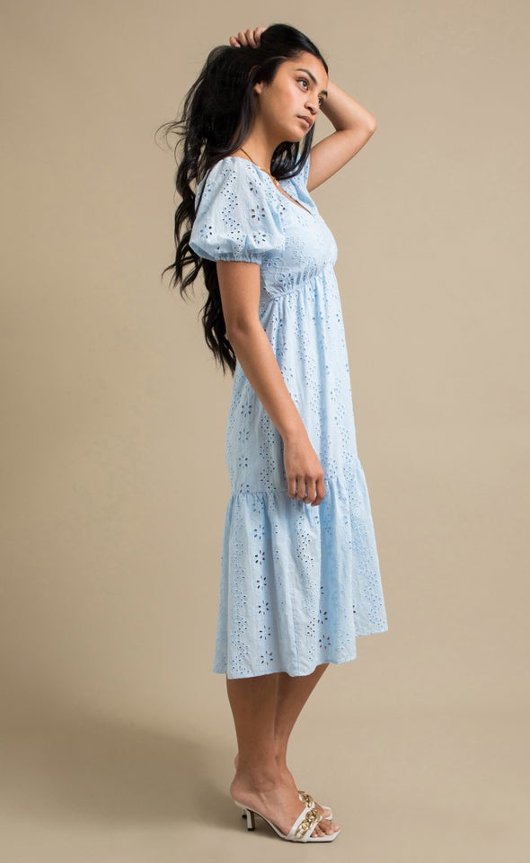 Broderie Puff Sleeve Midi Dress Ice Blue