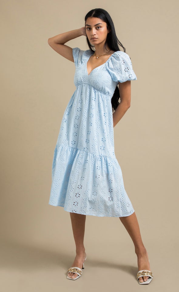 Broderie Puff Sleeve Midi Dress Ice Blue