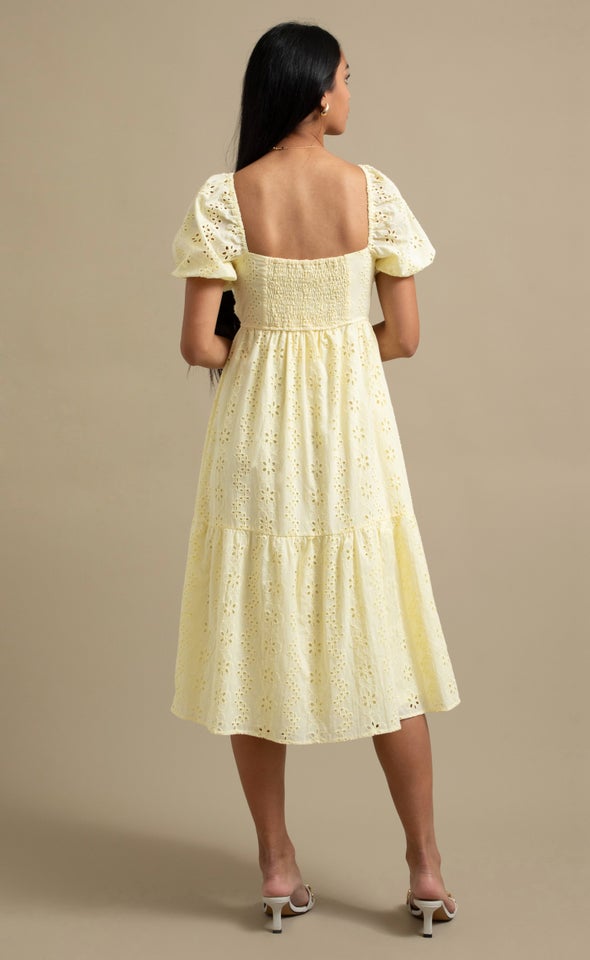 Broderie Puff Sleeve Midi Dress Lemon