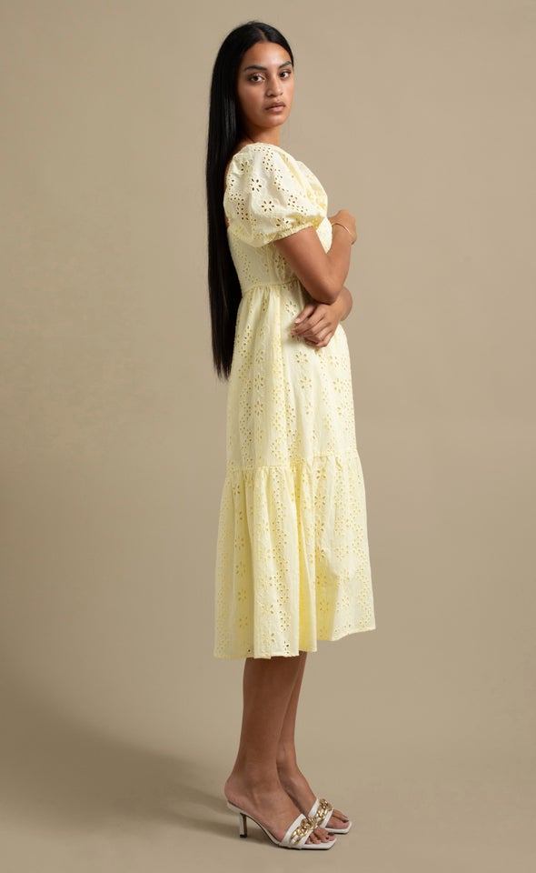Broderie Puff Sleeve Midi Dress Lemon