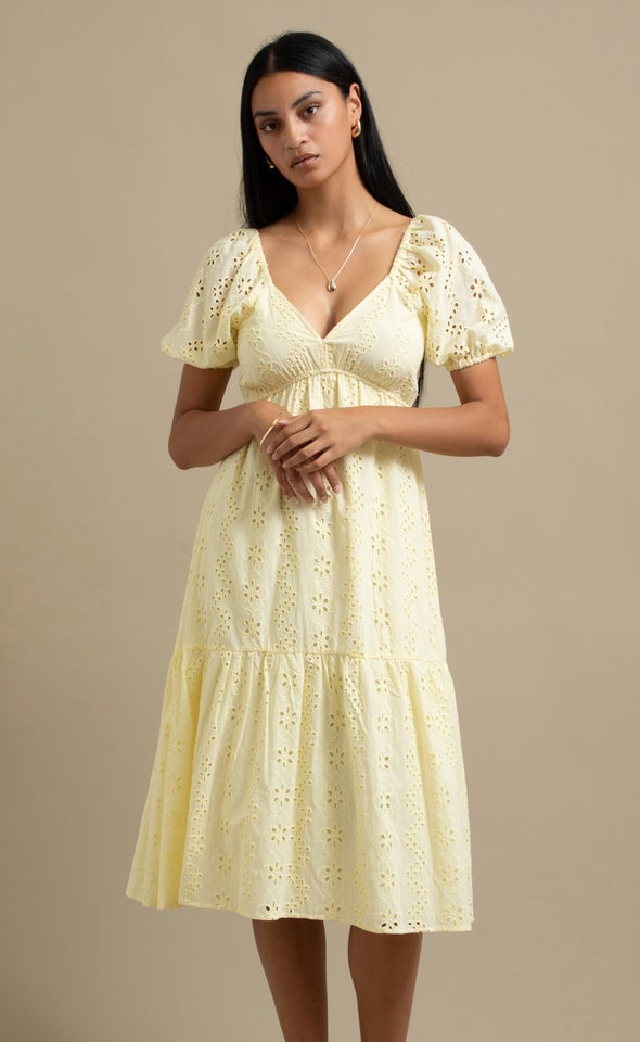 Broderie Puff Sleeve Midi Dress Lemon