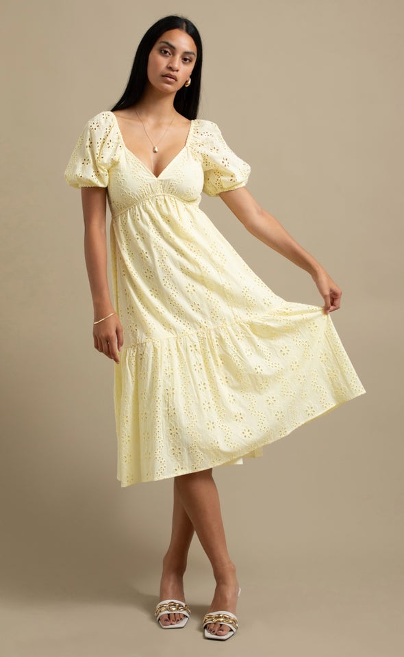 Broderie Puff Sleeve Midi Dress Lemon