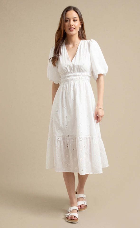 Broderie Puff Sleeve Tier Dress Cream