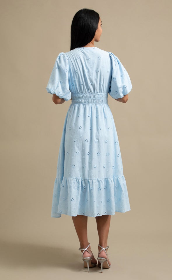 Broderie Puff Sleeve Tier Dress Ice Blue
