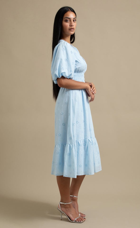 Broderie Puff Sleeve Tier Dress Ice Blue