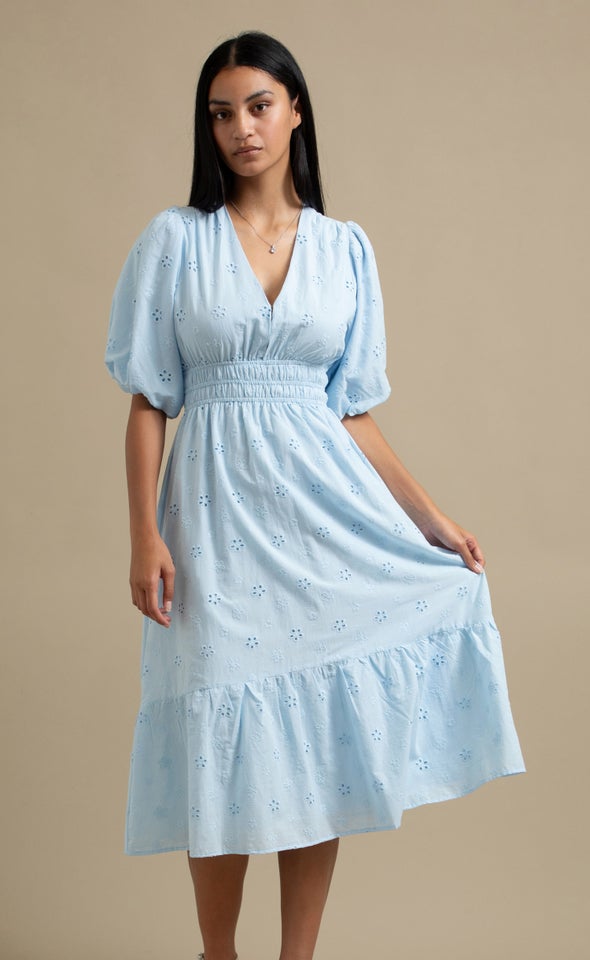 Broderie Puff Sleeve Tier Dress Ice Blue