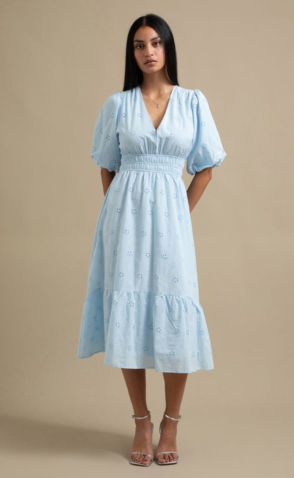 Broderie Puff Sleeve Tier Dress Ice Blue