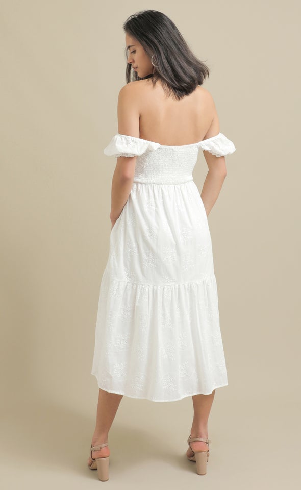Broderie Shirred Waist Midi Dress Cream