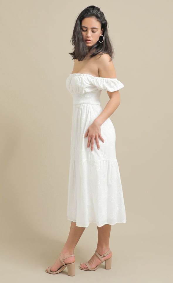 Broderie Shirred Waist Midi Dress Cream