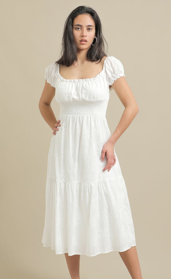 Broderie Shirred Waist Midi Dress Cream