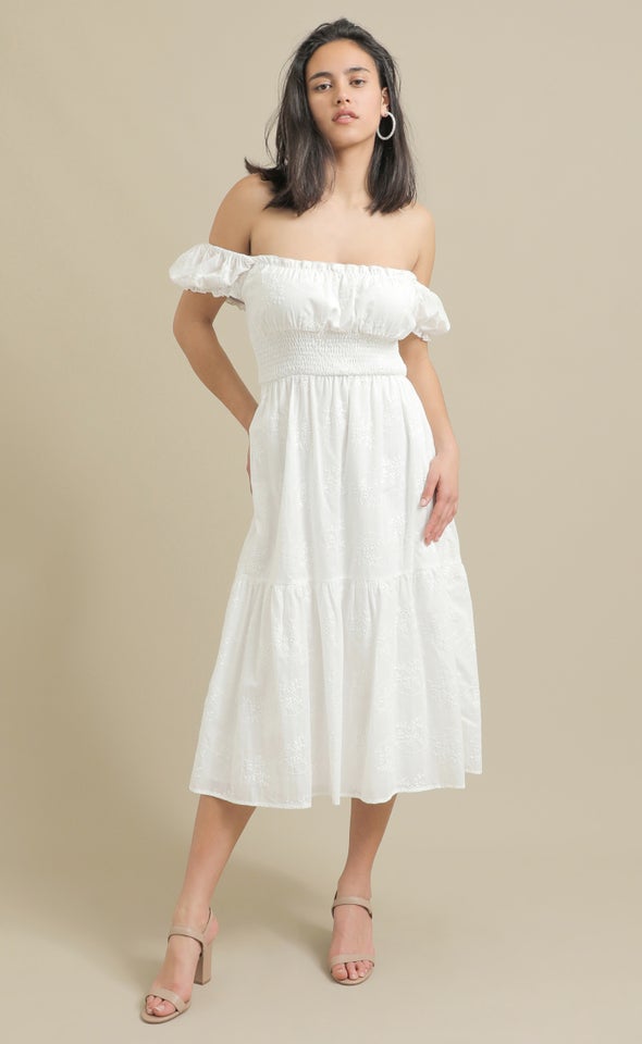 Broderie Shirred Waist Midi Dress Cream