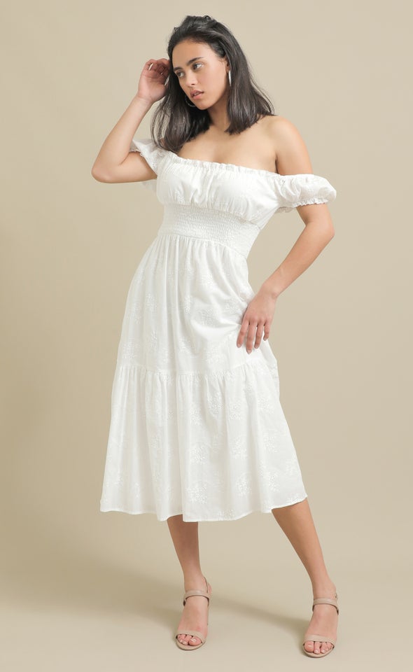 Broderie Shirred Waist Midi Dress Cream