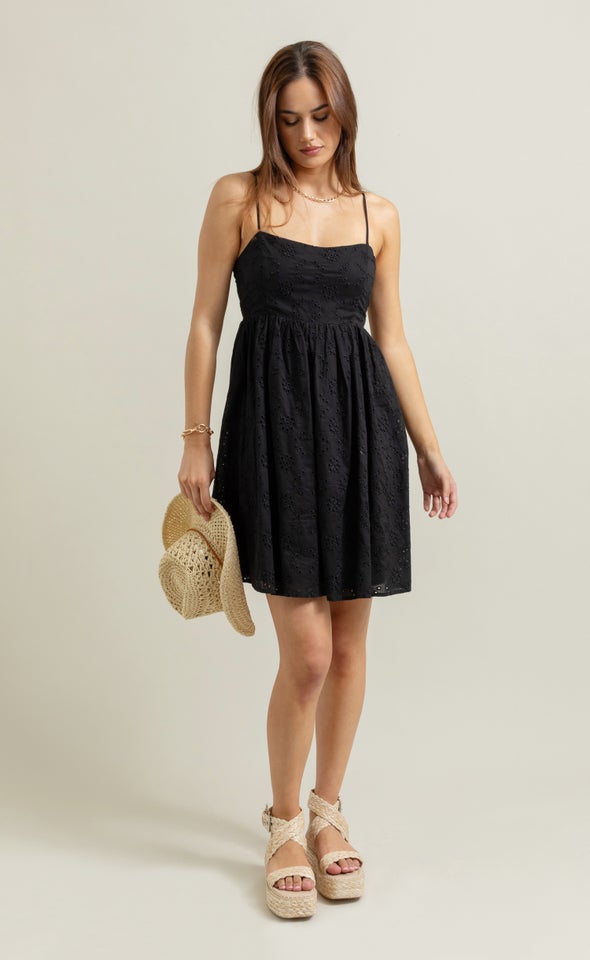Broderie Strappy Mini Dress Black