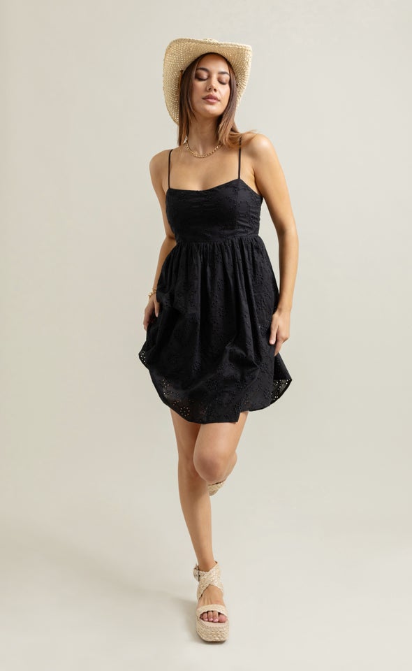 Broderie Strappy Mini Dress Black