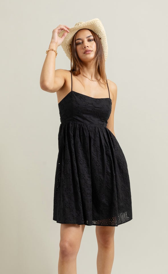 Broderie Strappy Mini Dress Black