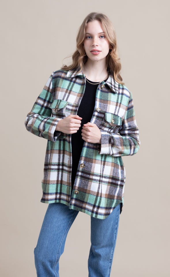 Brushed Check Shacket Green Navy Check