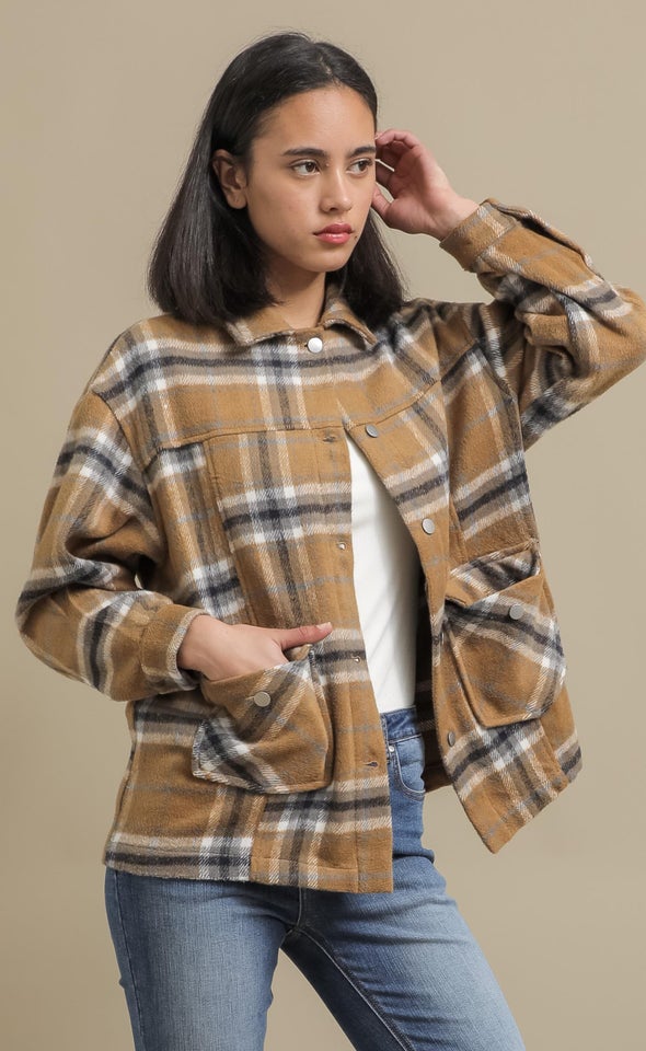 Brushed Checked Shacket Camel/check
