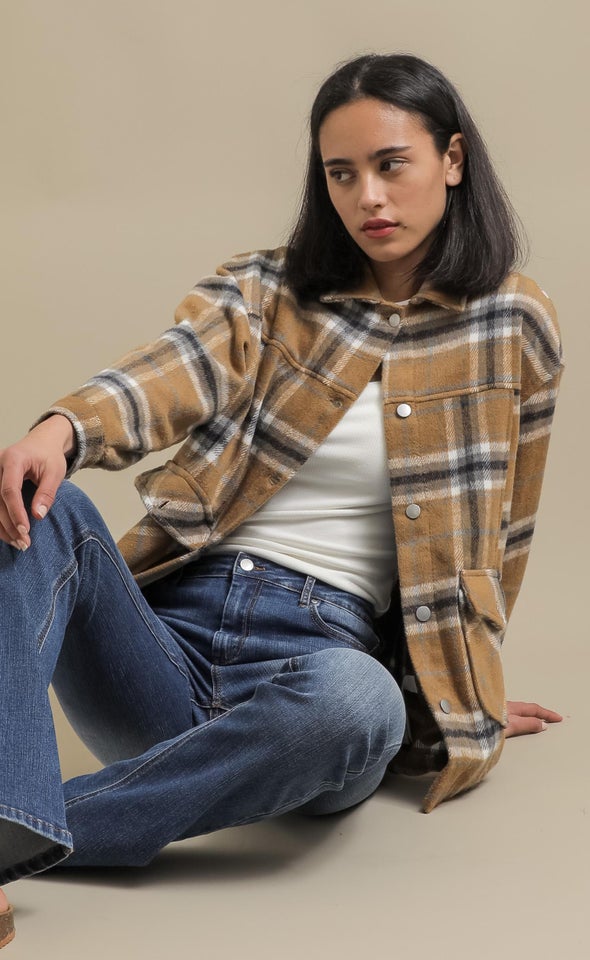 Brushed Checked Shacket Camel/check