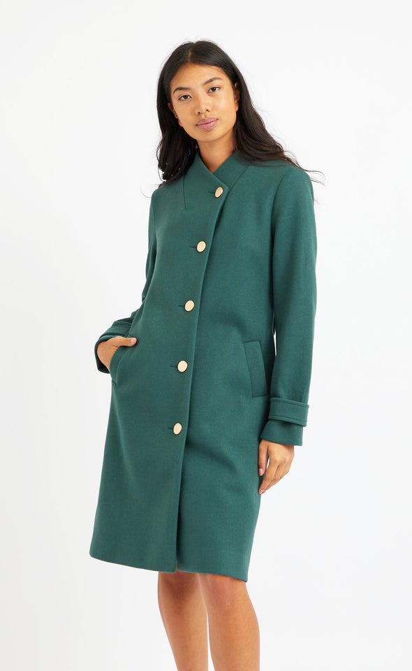 Button Collar Coat Forest