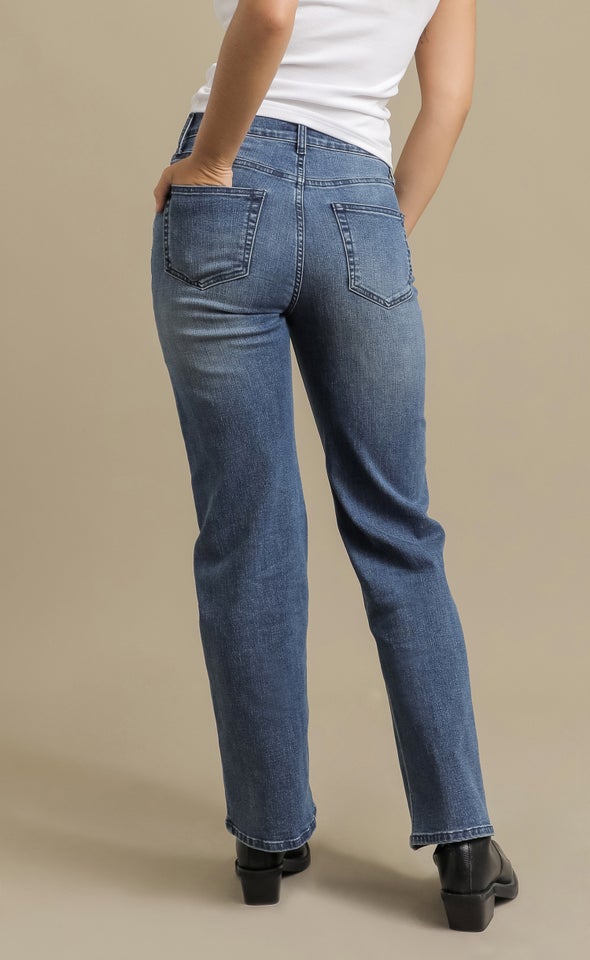 Button Fly Mid Wash Straight Jean Mid Blue