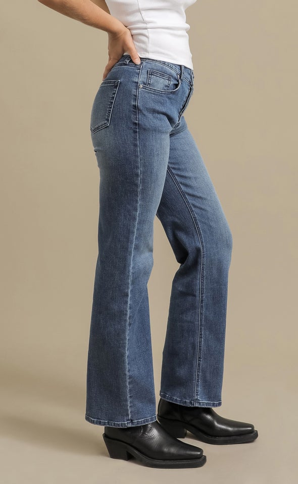 Button Fly Mid Wash Straight Jean Mid Blue