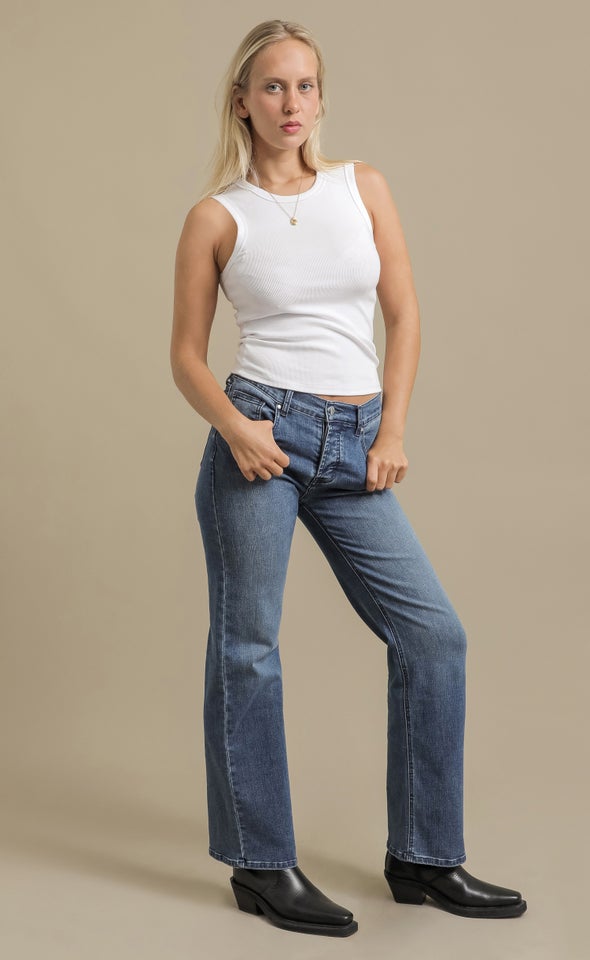 Button Fly Mid Wash Straight Jean Mid Blue