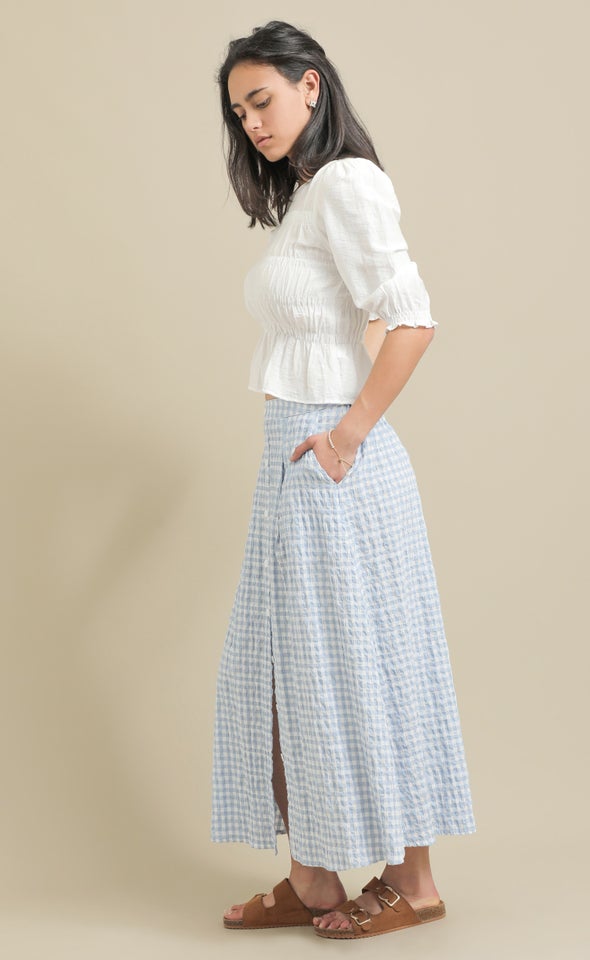 Button Front Midi Skirt with Pockets Cream/blue
