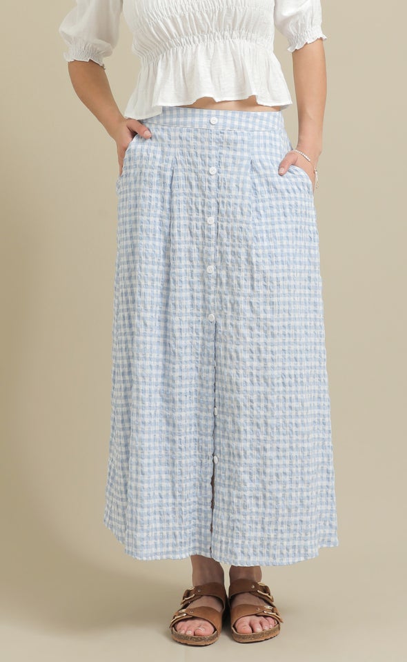 Button Front Midi Skirt with Pockets Cream/blue