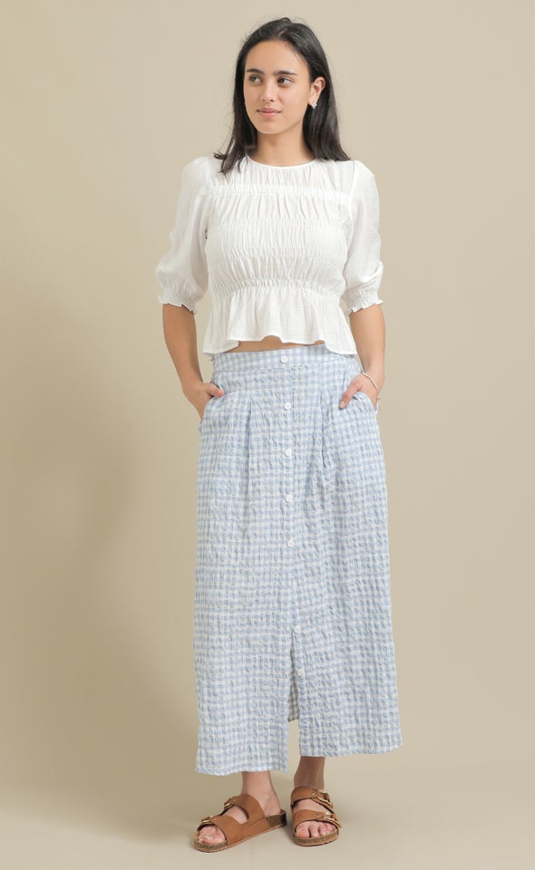 Button Front Midi Skirt with Pockets Cream/blue