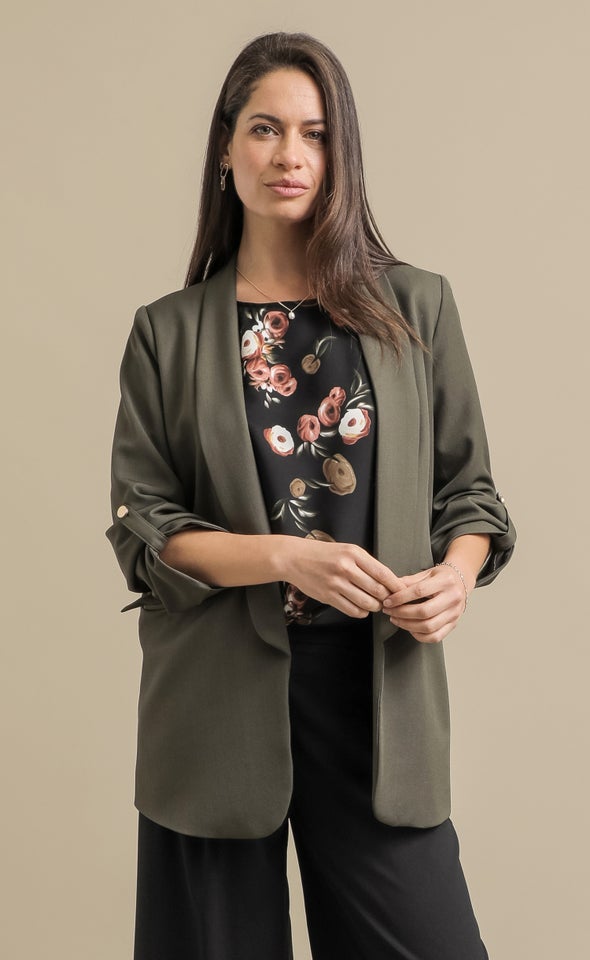 Button Sleeve Longline Blazer Olive