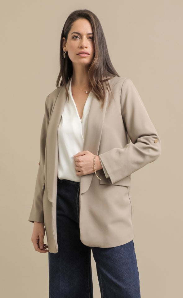 Button Sleeve Longline Blazer Taupe