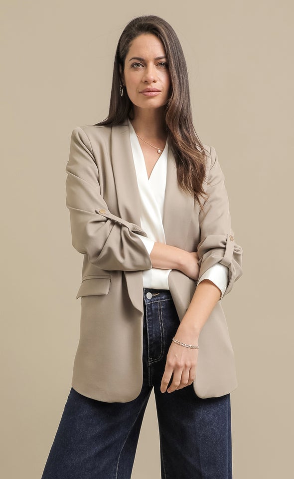 Button Sleeve Longline Blazer Taupe
