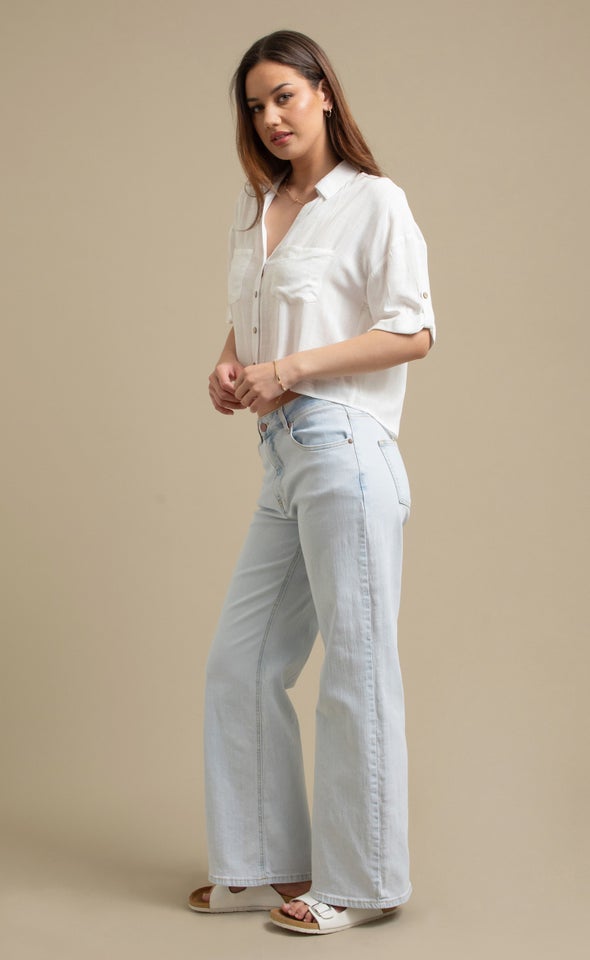 Button Sleeve V Neck Shirt Natural