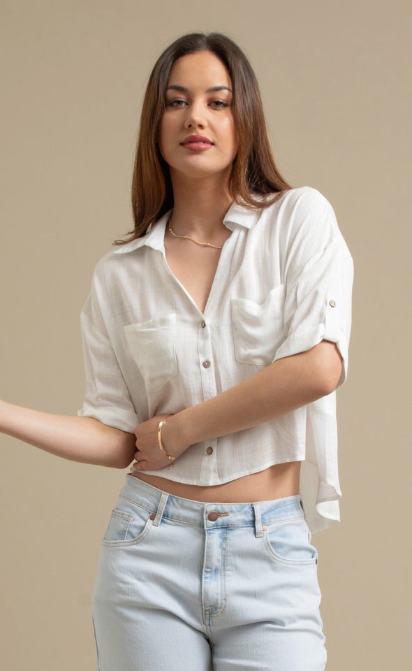 Button Sleeve V Neck Shirt Natural