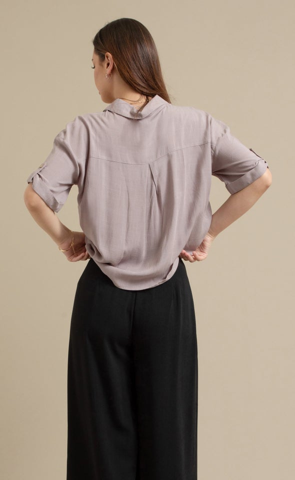 Button Sleeve V Neck Shirt Taupe