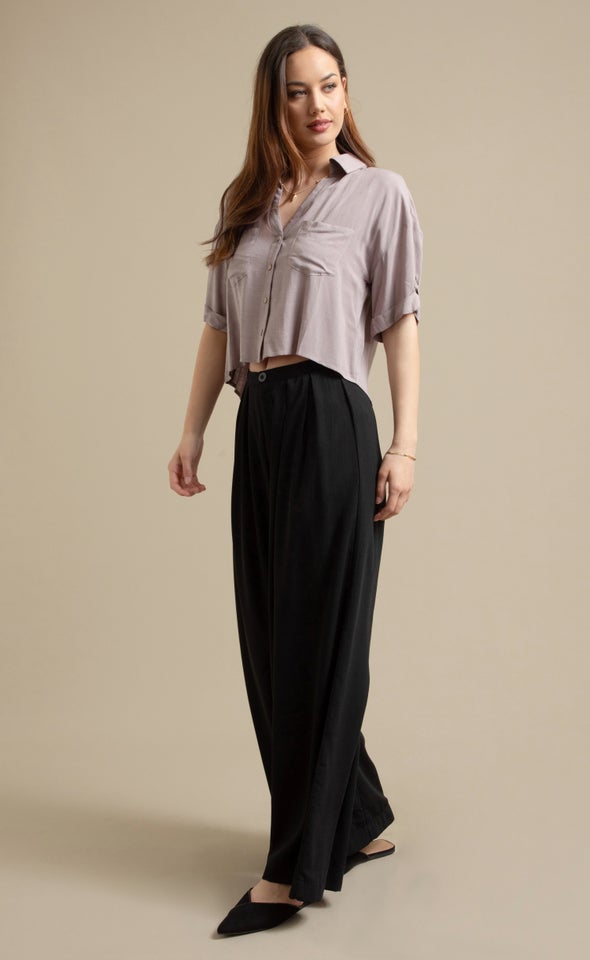 Button Sleeve V Neck Shirt Taupe