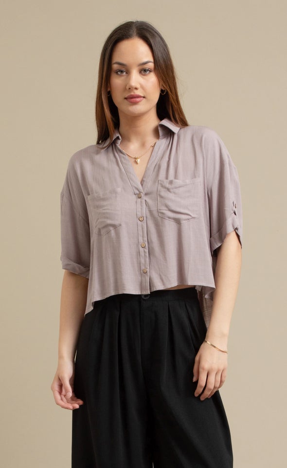 Button Sleeve V Neck Shirt Taupe