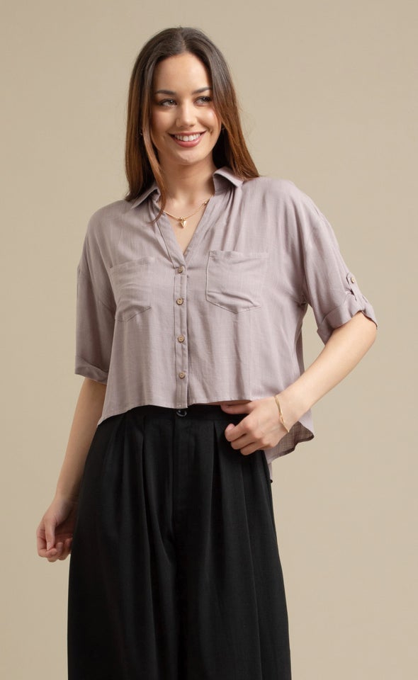 Button Sleeve V Neck Shirt Taupe