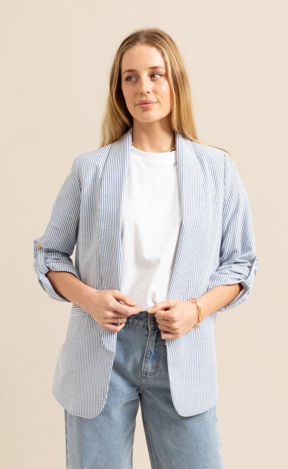 Button Tab Striped Blazer Navy/white