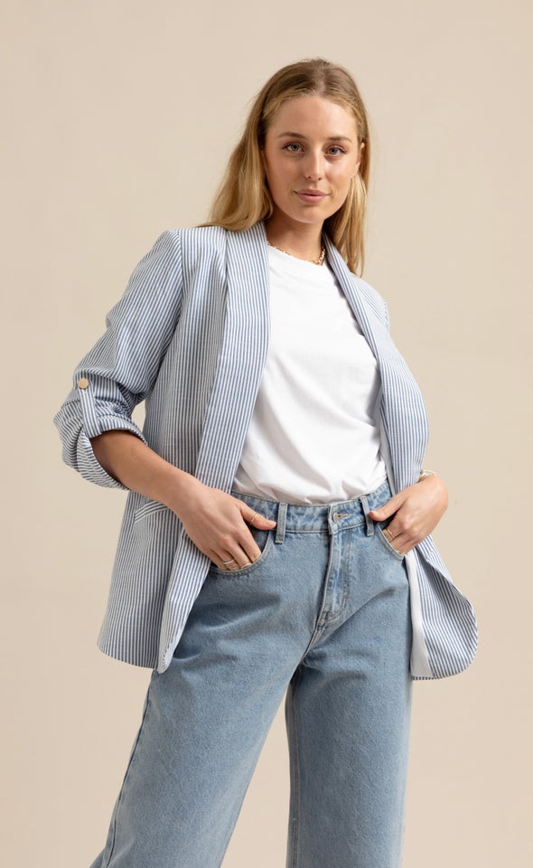Button Tab Striped Blazer Navy/white