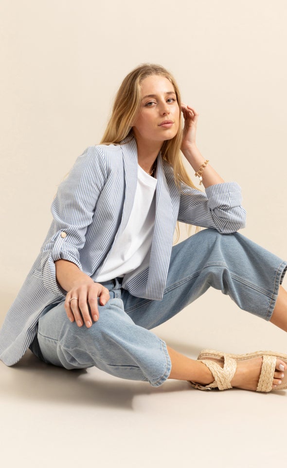 Button Tab Striped Blazer Navy/white