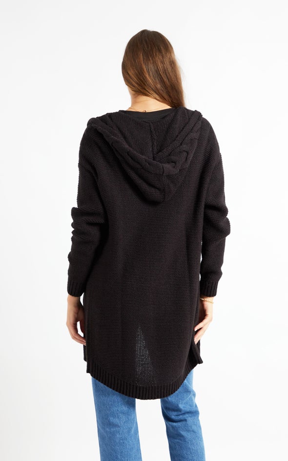 Cable Knit Cardi With Hood Black