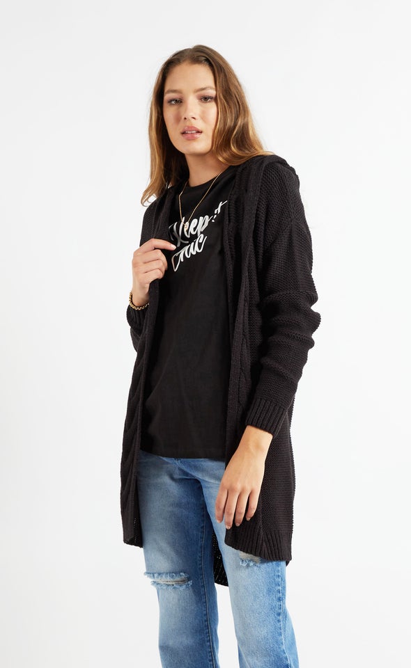 Cable Knit Cardi With Hood Black