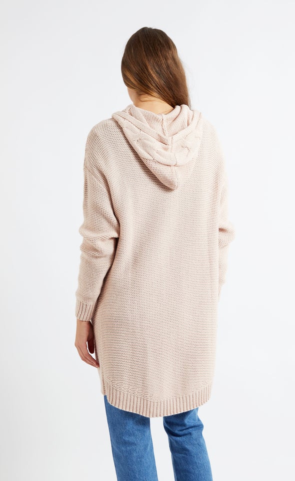 Cable Knit Cardi With Hood Blush