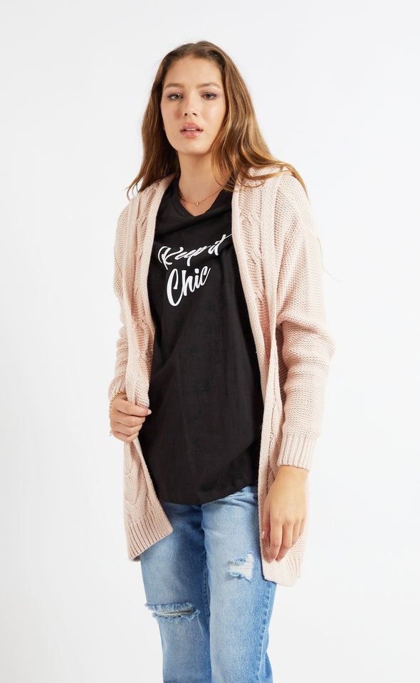 Cable Knit Cardi With Hood Blush