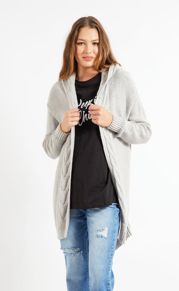 Cable Knit Cardi With Hood Grey Marle